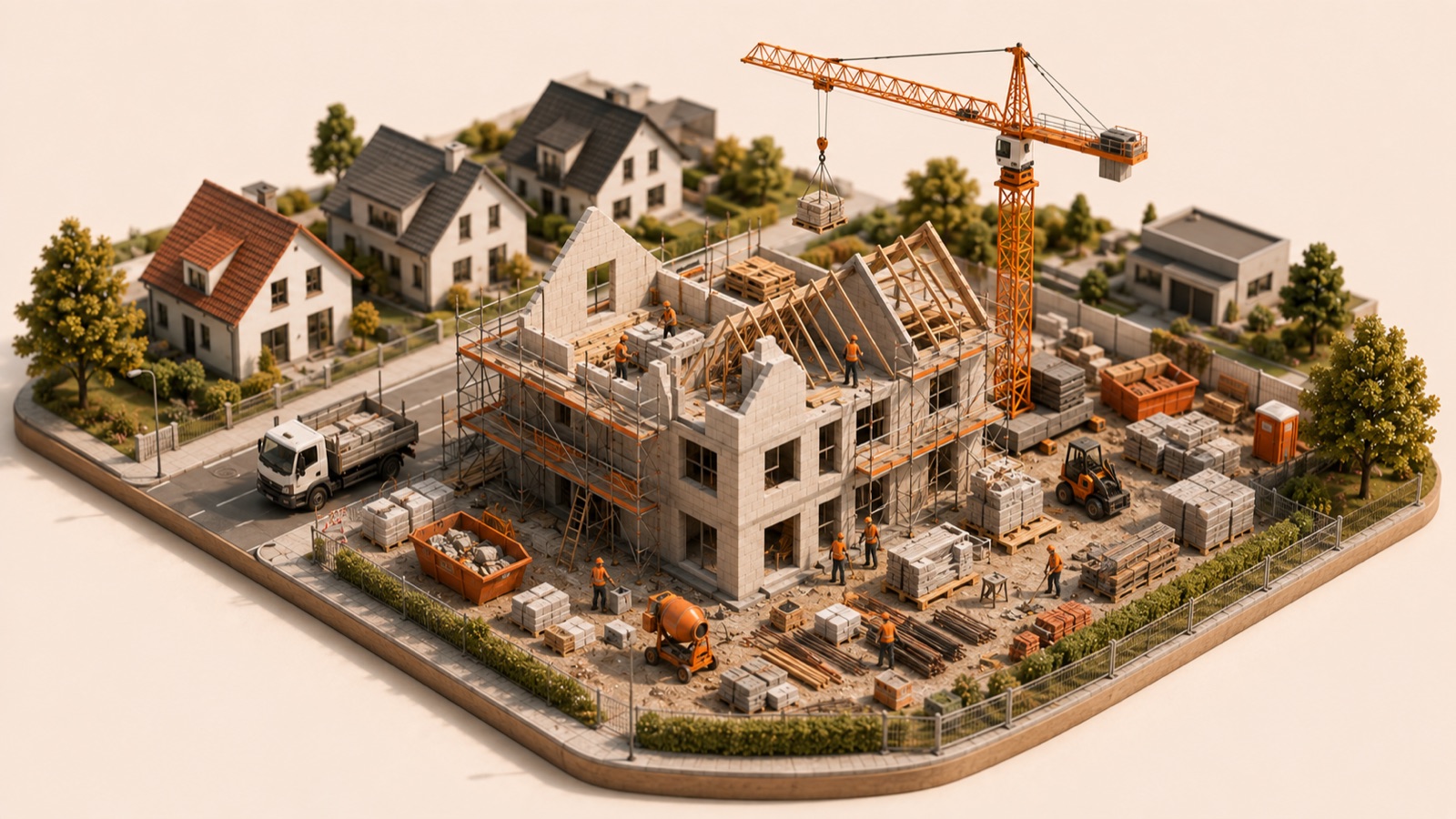 Isometrische Illustration einer Wohnhaus-Baustelle der Ulrich de Carnèe GmbH & Co KG in Gütersloh