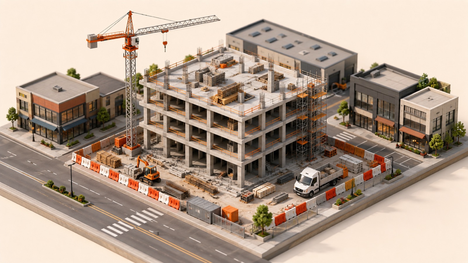 Illustration einer Gewerbebau-Baustelle mit Kran – de Carnèe