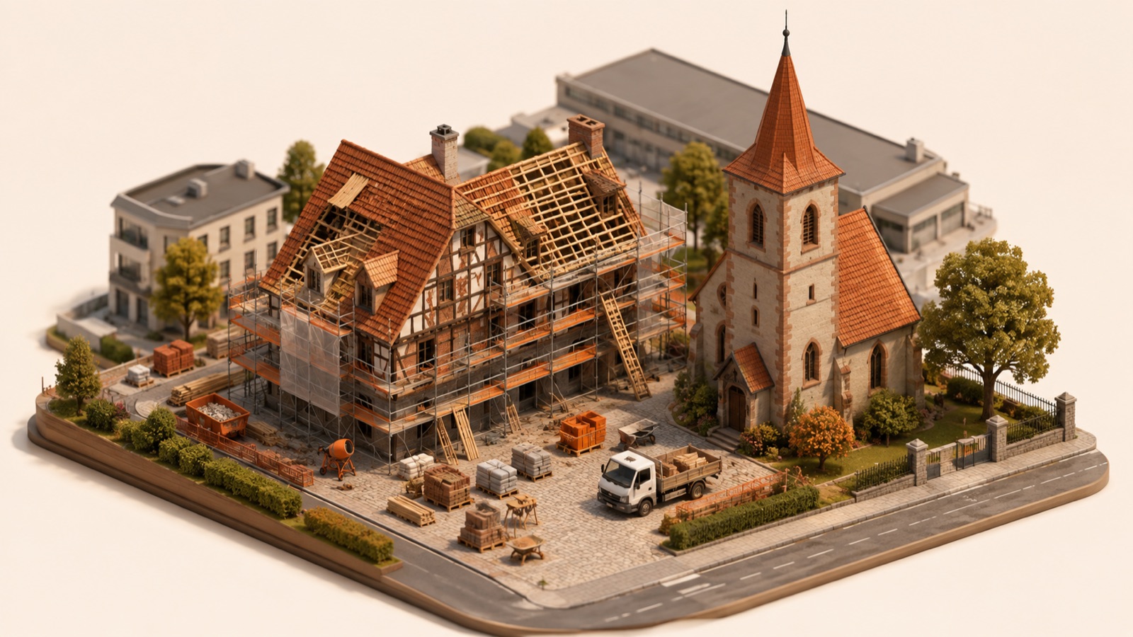 Illustration einer Fachwerk-Sanierung neben Kirche – de Carnèe