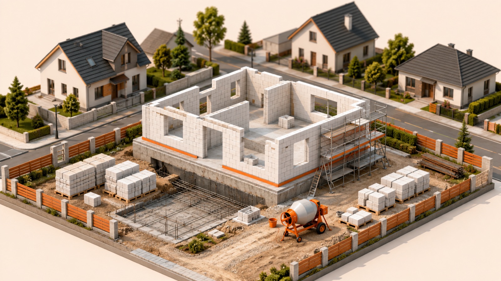 Illustration einer Wohnbau-Baustelle im Rohbau – de Carnèe